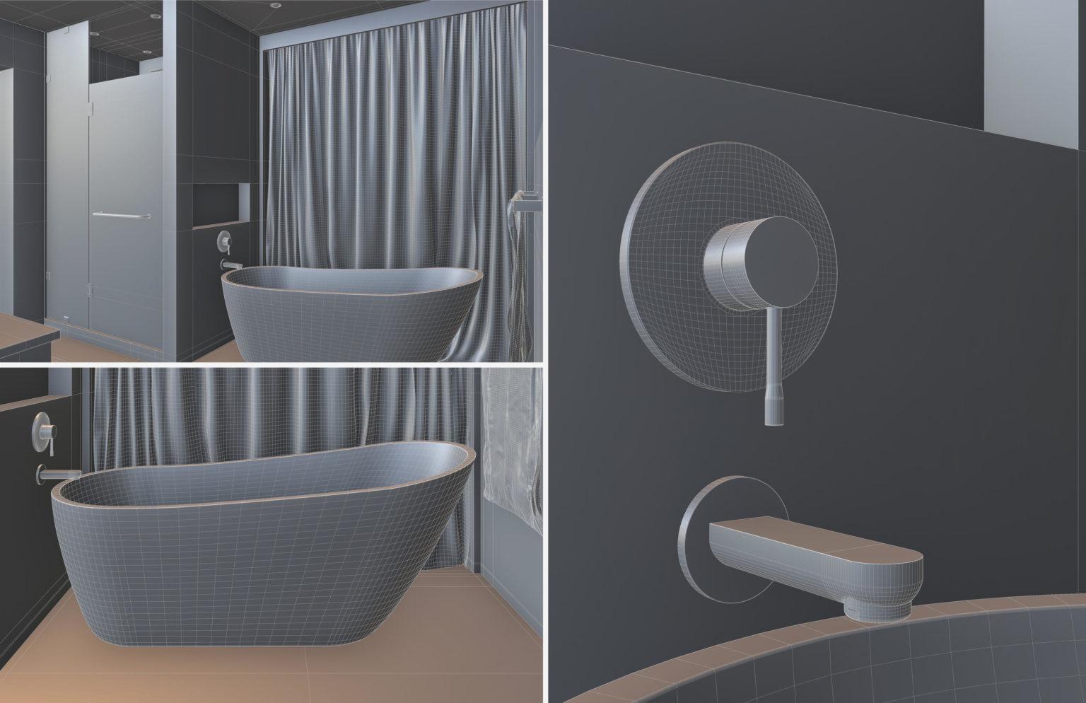 Michal Dziewiatkowski, Bathroom Space - Interior and Product Rendering - Wireframe